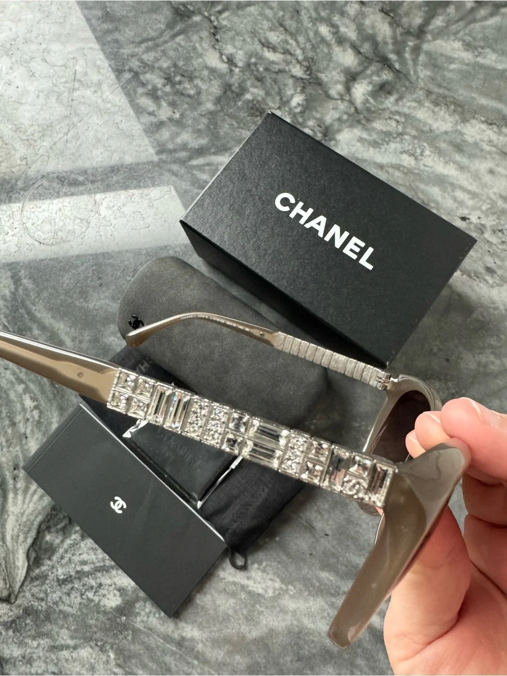 CHANEL Taupe Acetate Sunglasses with Crystal-Studded Temples